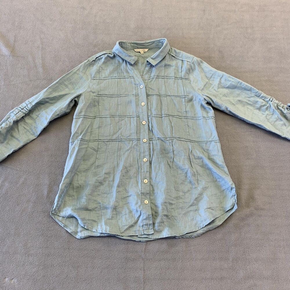 John Mark Blouse Womens Small Blue 100% Linen 3/4 Sleeve Button Front Tunic Top